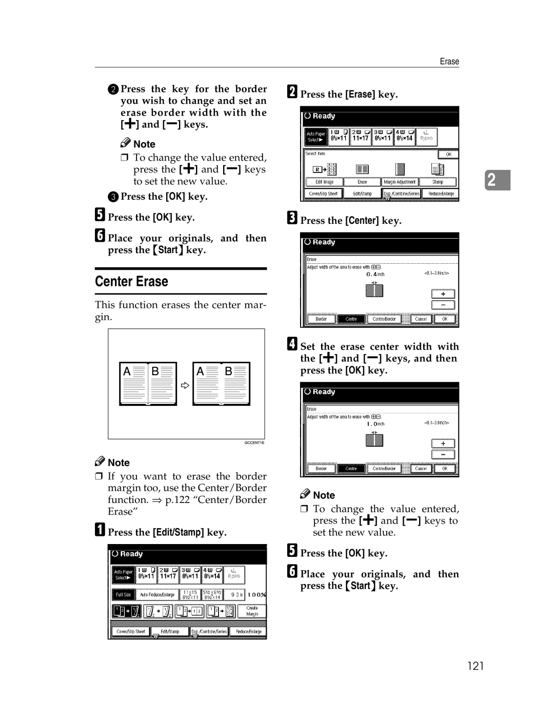 Savin 2212, 2712 manual Center Erase, 121 