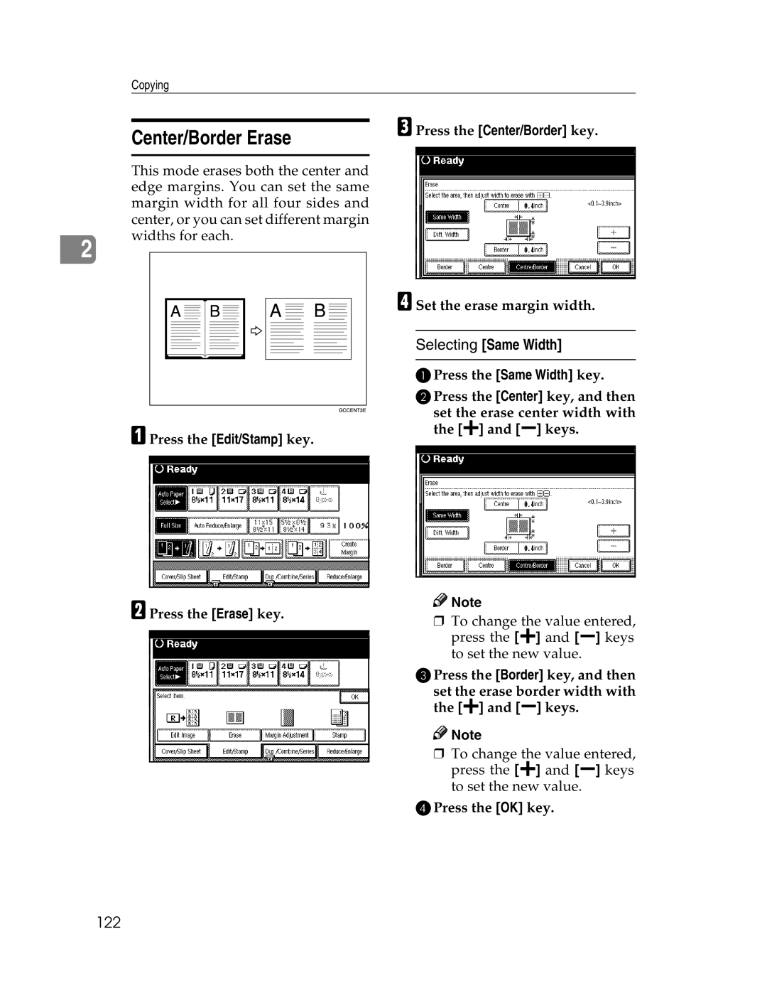 Savin 2712, 2212 Center/Border Erase, 122, APress the Edit/Stamp key BPress the Erase key, CPress the Center/Border key 