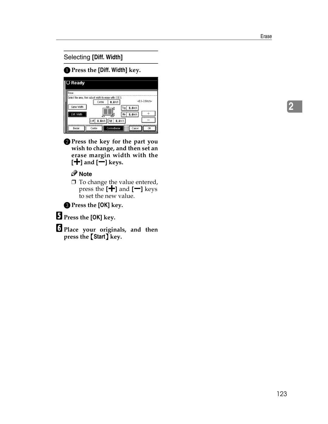 Savin 2212, 2712 manual Selecting Diff. Width, 123 