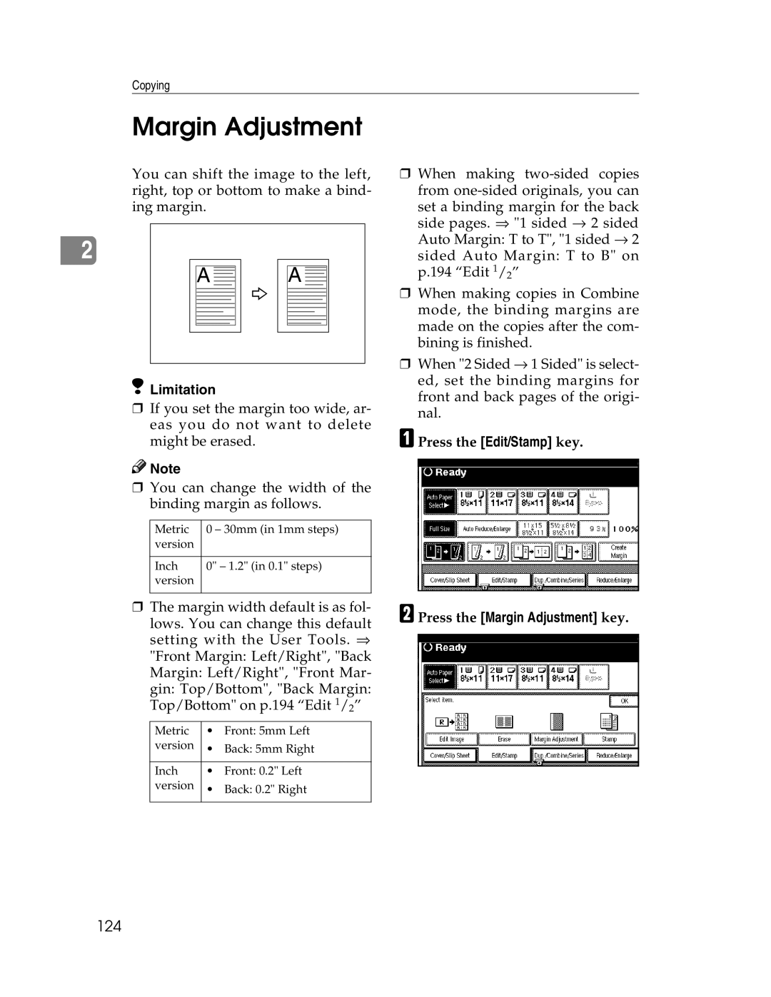 Savin 2712, 2212 manual Margin Adjustment, 124 