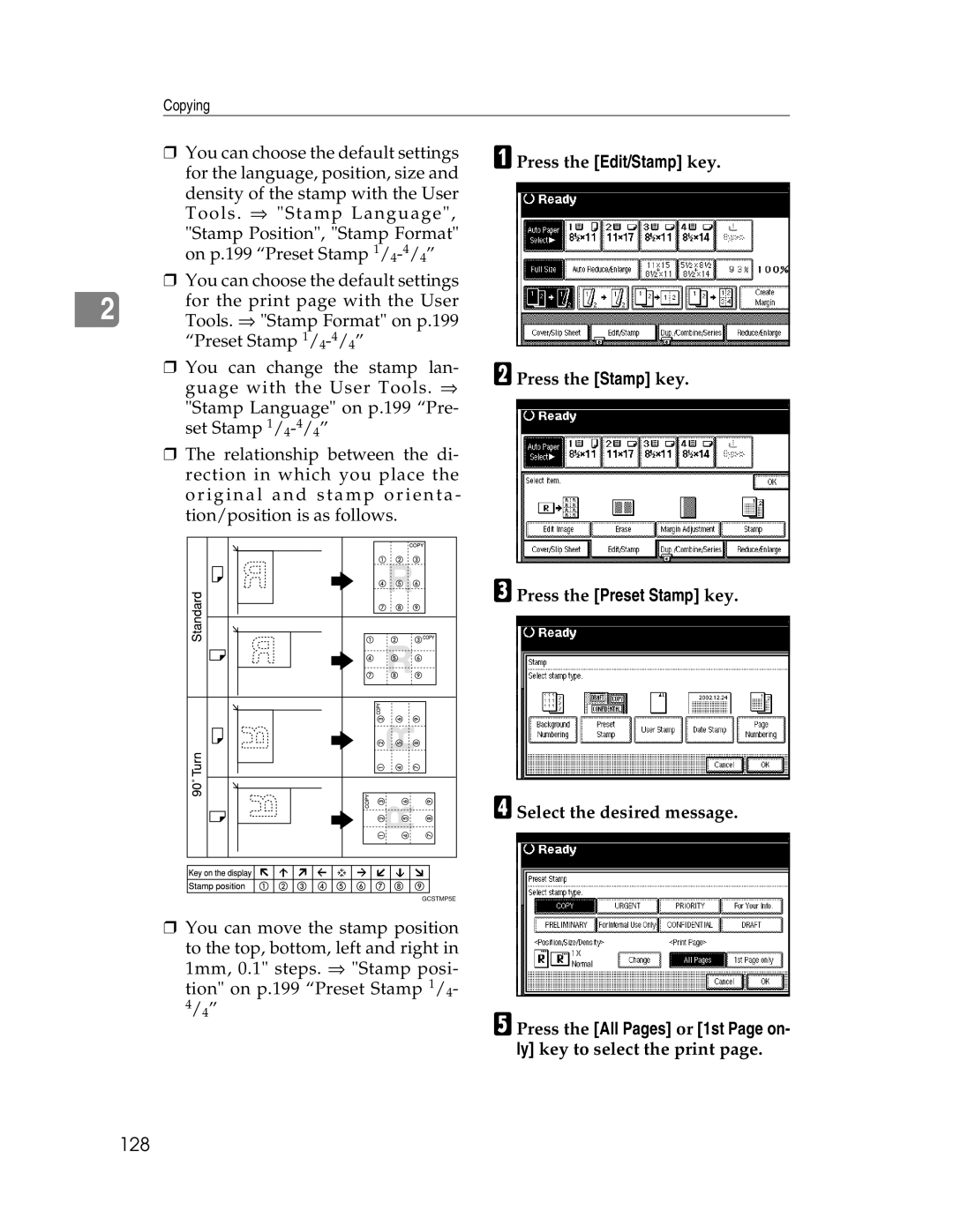 Savin 2712, 2212 manual 128, APress the Edit/Stamp key BPress the Stamp key, CPress the Preset Stamp key 