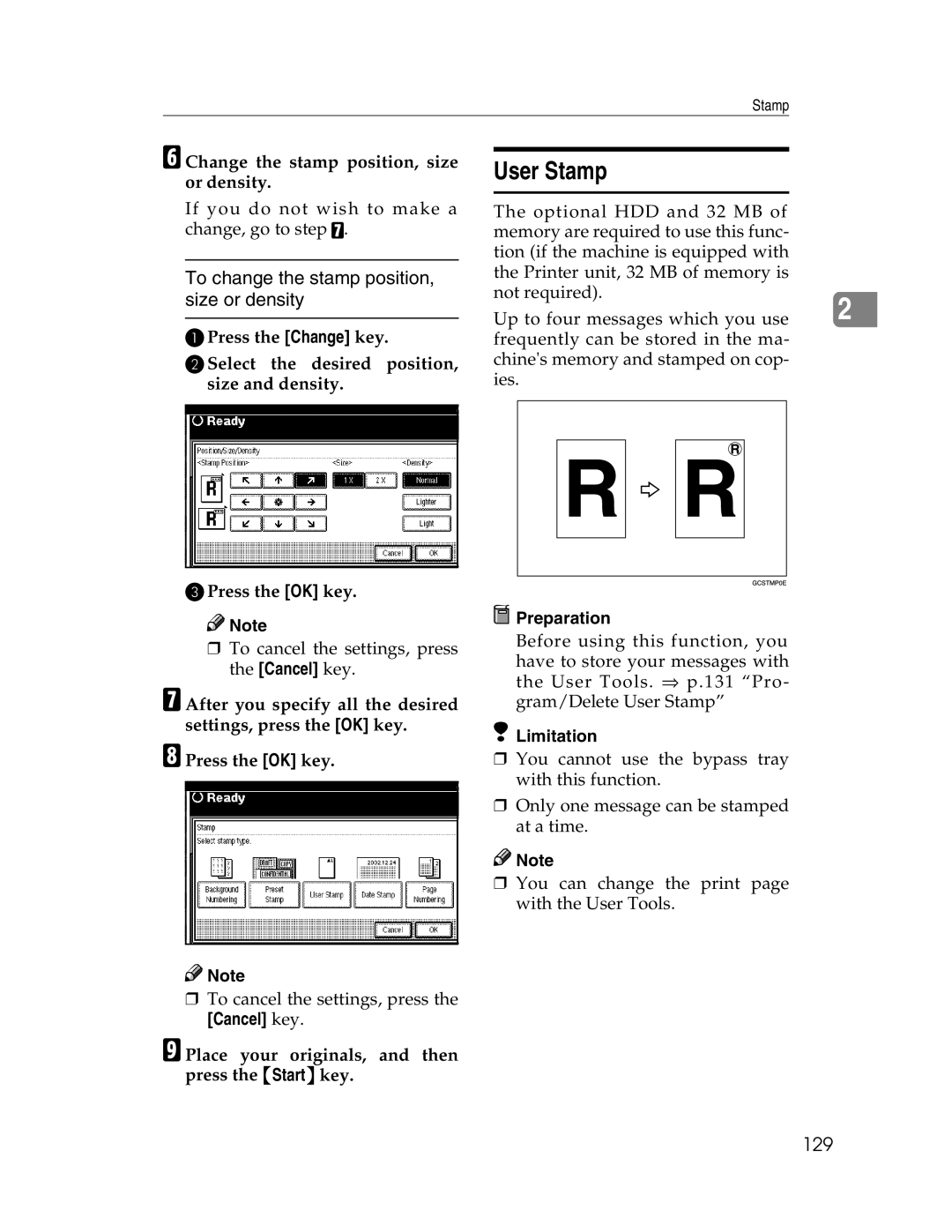 Savin 2212 User Stamp, To change the stamp position, size or density, 129, FChange the stamp position, size or density 