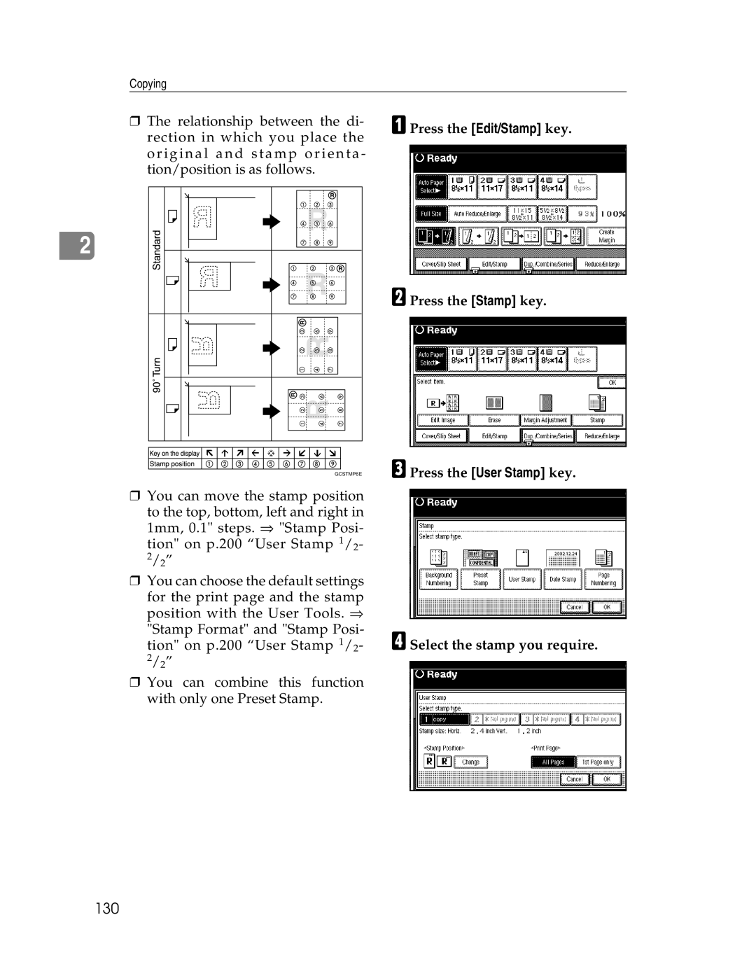 Savin 2712, 2212 manual 130, DSelect the stamp you require 