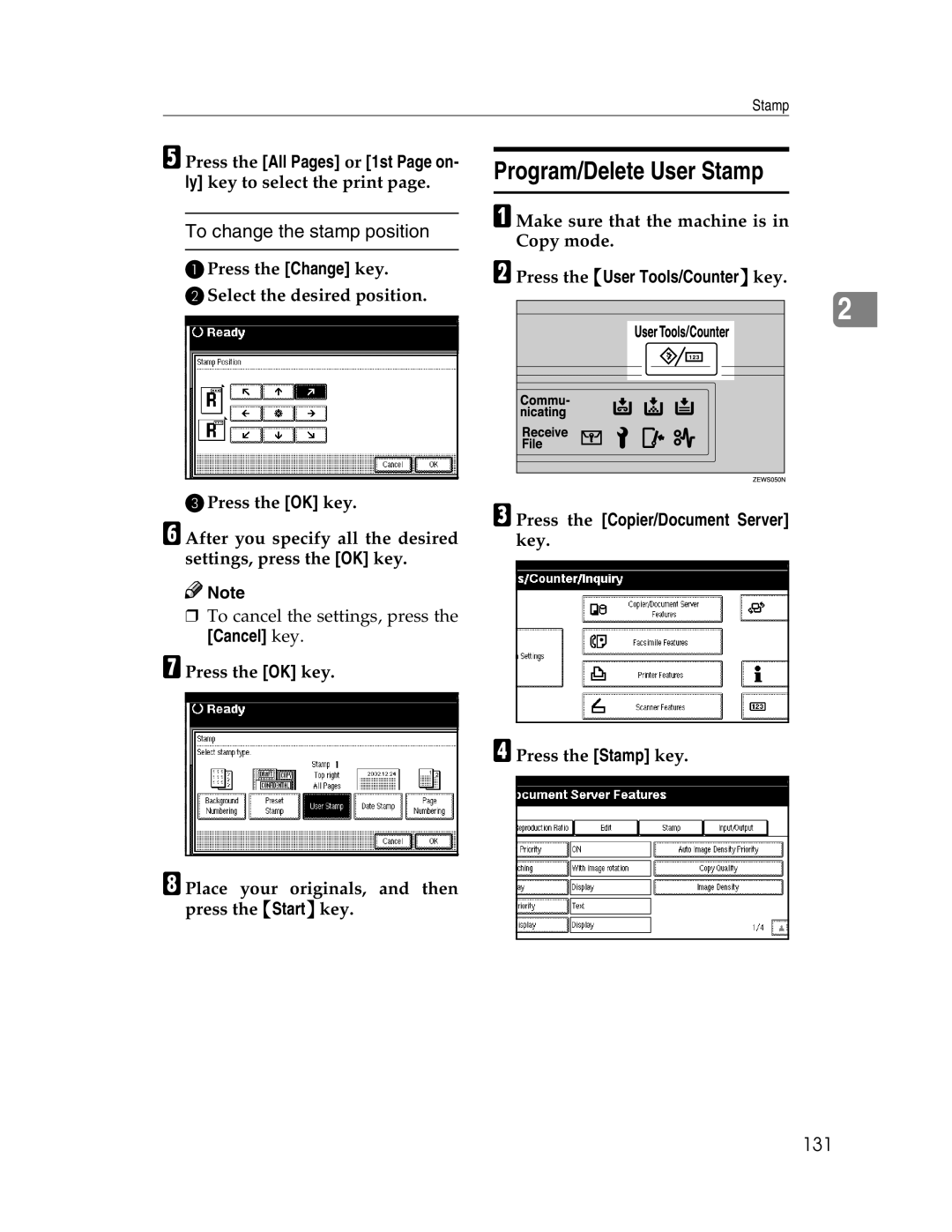 Savin 2212, 2712 manual Program/Delete User Stamp, To change the stamp position, 131 