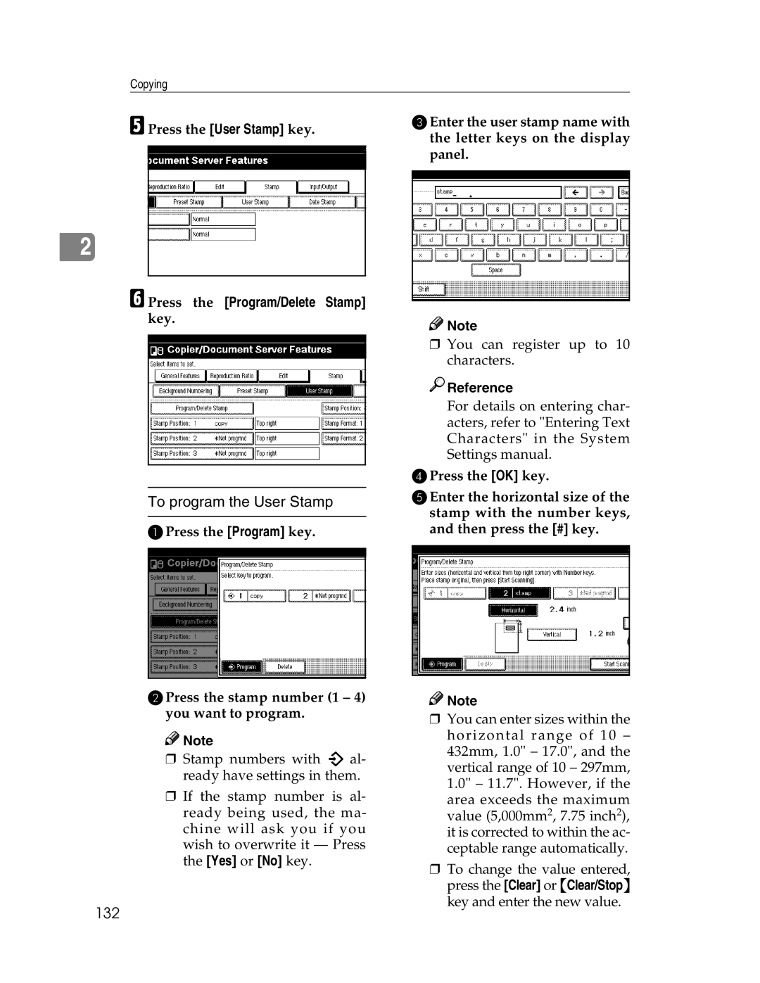 Savin 2712, 2212 manual To program the User Stamp, 132, EPress the User Stamp key, FPress the Program/Delete Stamp 