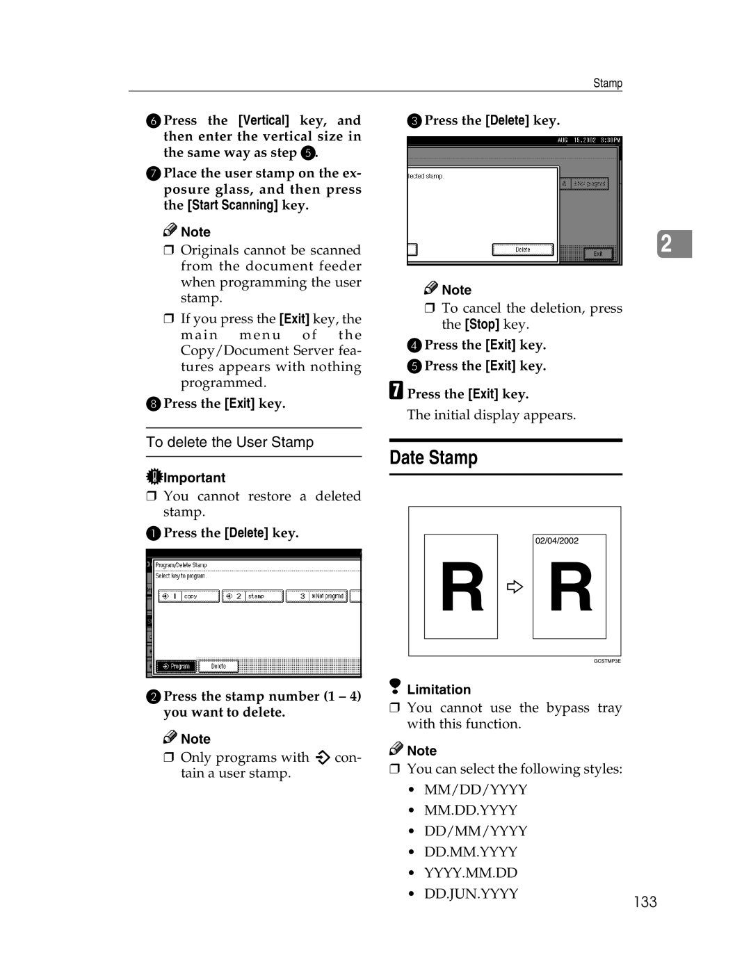 Savin 2212, 2712 manual Date Stamp, To delete the User Stamp, 133, HPress the Exit key CPress the Delete key 