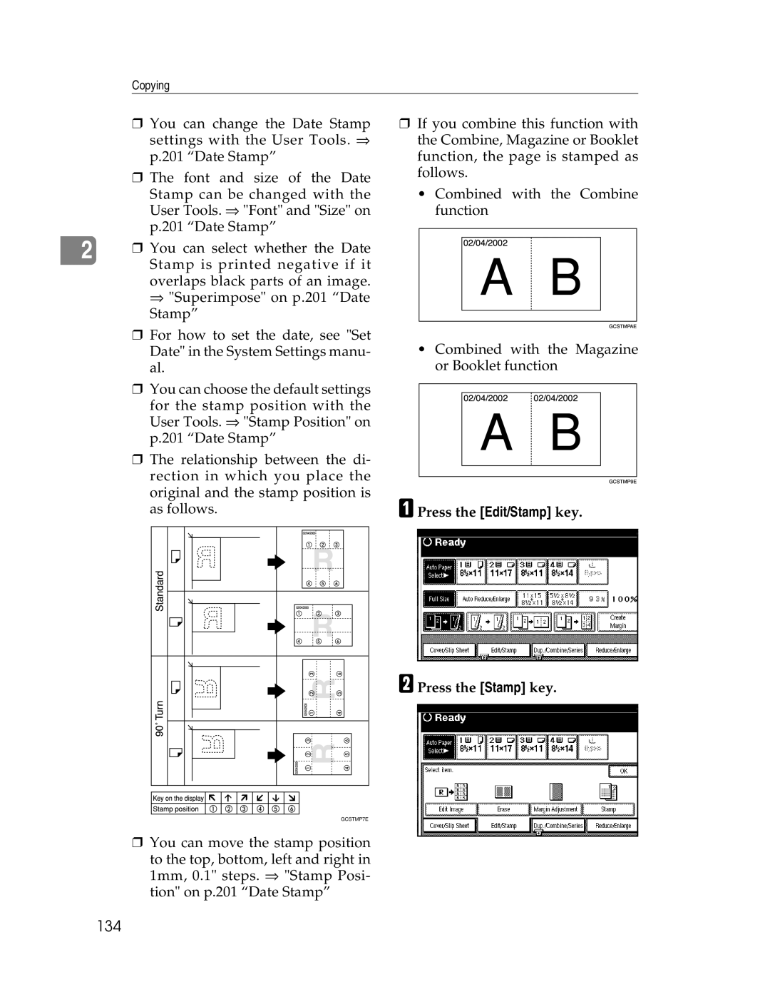 Savin 2712, 2212 manual 134, APress the Edit/Stamp key BPress the Stamp key 