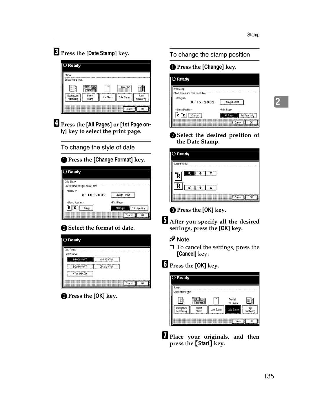 Savin 2212, 2712 manual To change the style of date, 135, CPress the Date Stamp key, APress the Change Format key 