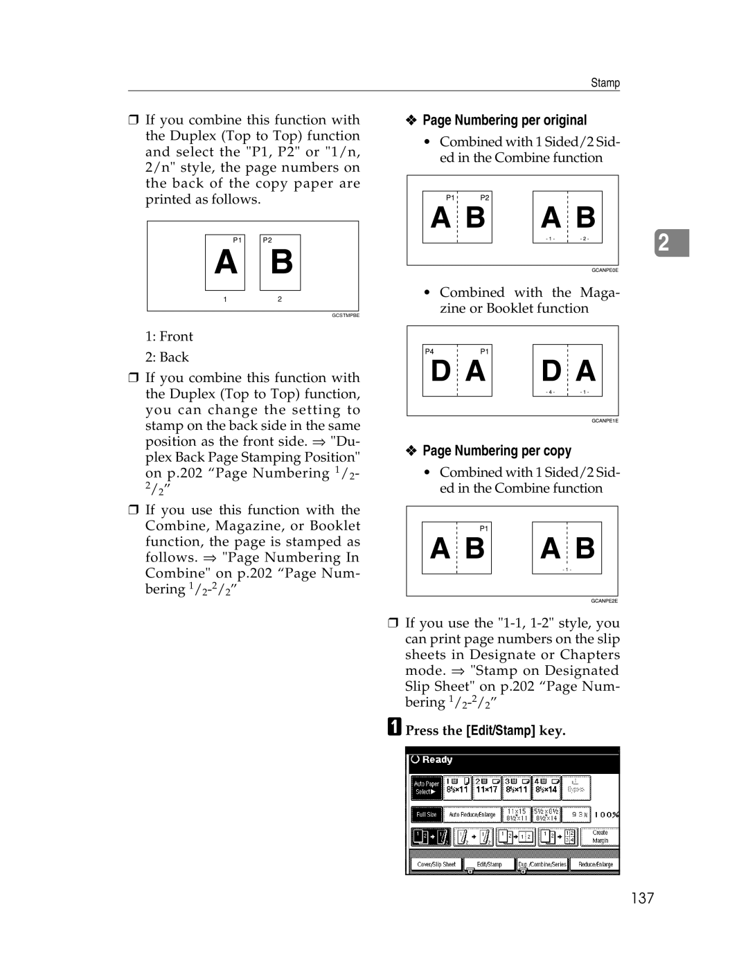 Savin 2212, 2712 manual Numbering per original, Numbering per copy, 137 