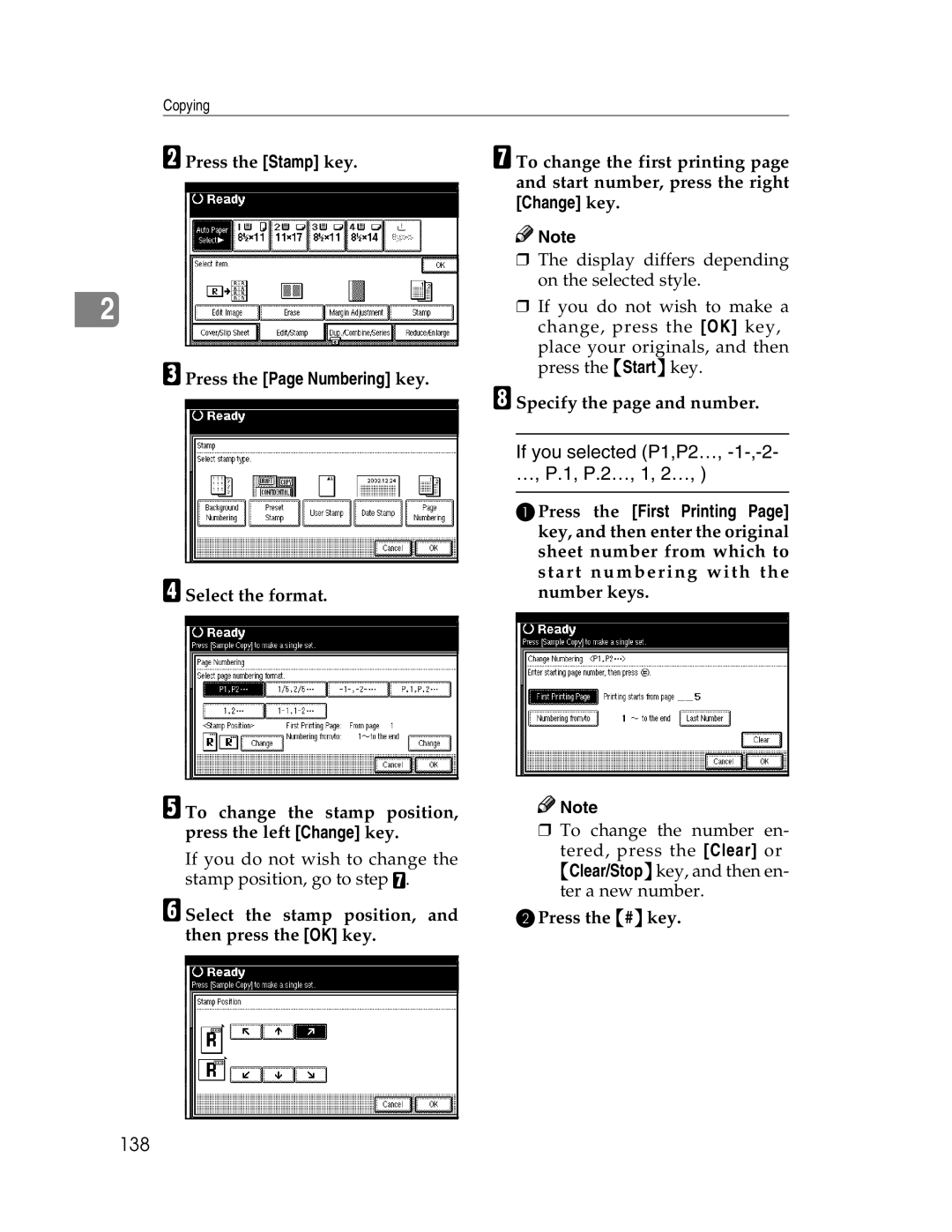 Savin 2712, 2212 If you selected P1,P2…, -1-,-2- …, P.1, P.2…, 1, 2…, 138, CPress the Page Numbering key, BPress the #key 