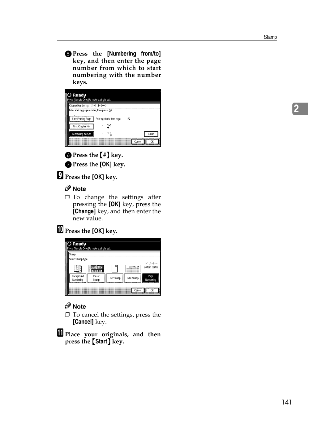 Savin 2212, 2712 manual 141, JPress the OK key, KPlace your originals, and then press the Startkey 