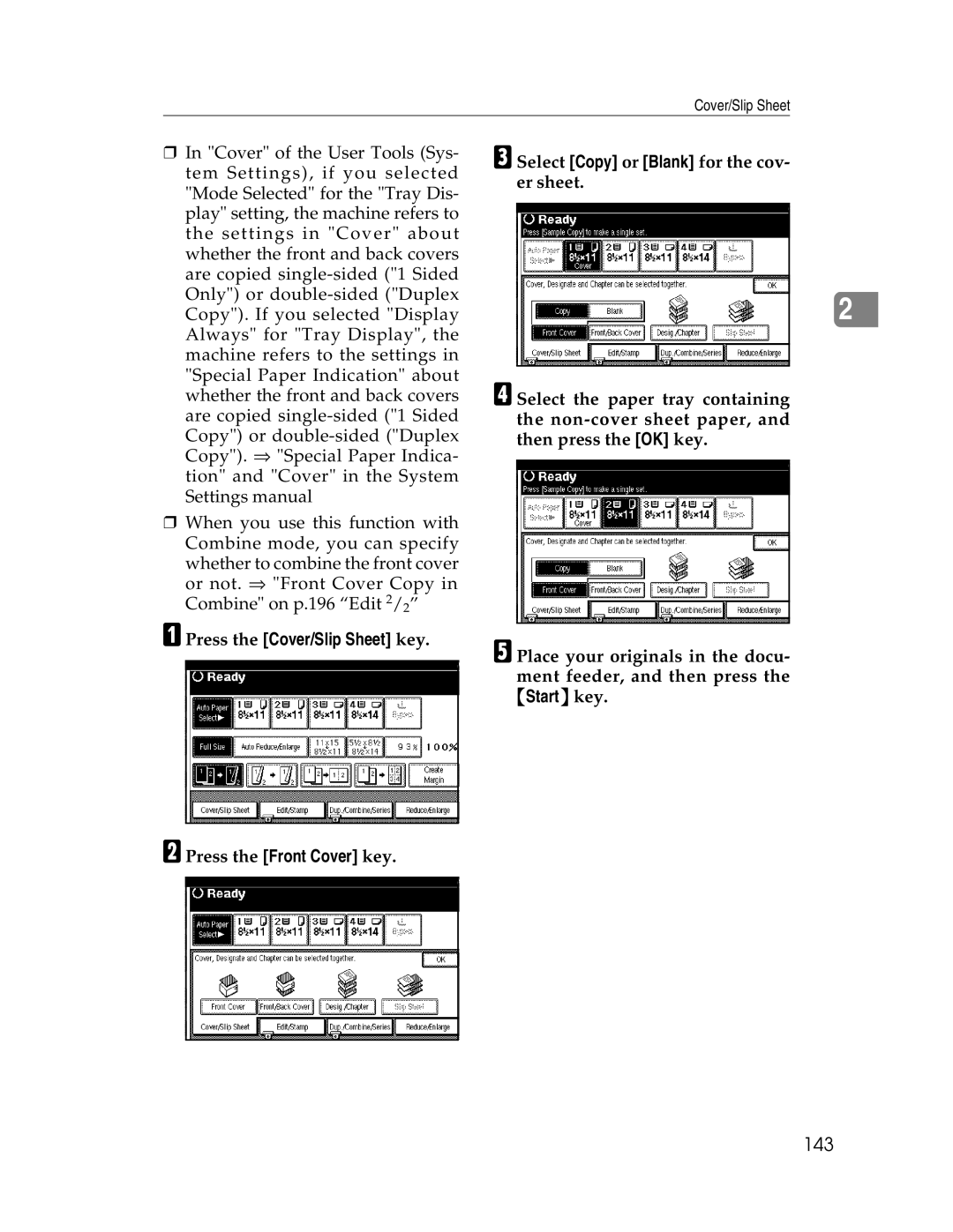 Savin 2212, 2712 manual 143, APress the Cover/Slip Sheet key, BPress the Front Cover key 