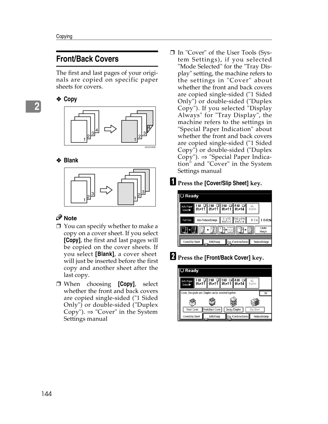 Savin 2712, 2212 manual Front/Back Covers, Copy, 144 