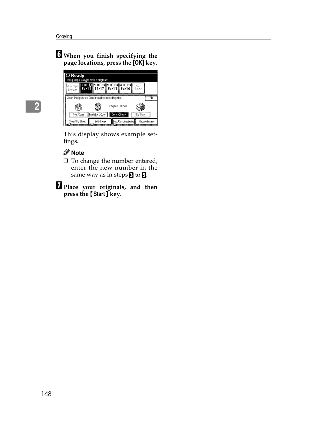 Savin 2712, 2212 manual 148, GPlace your originals, and then press the Startkey 