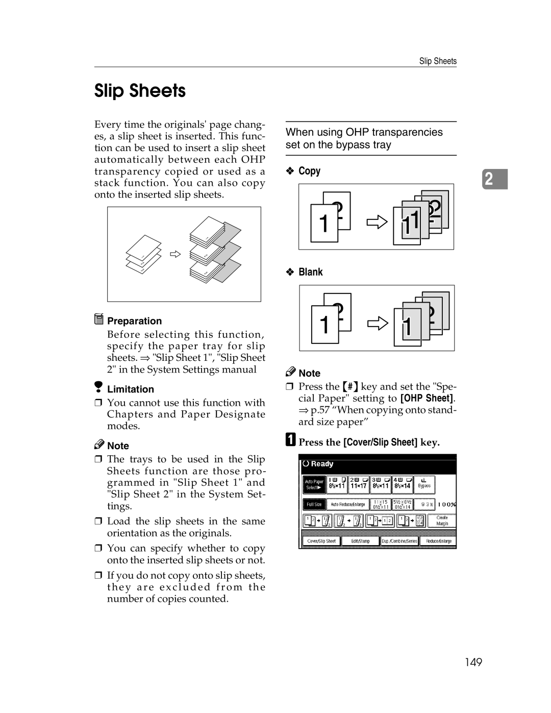 Savin 2212, 2712 manual Slip Sheets, When using OHP transparencies set on the bypass tray, 149 