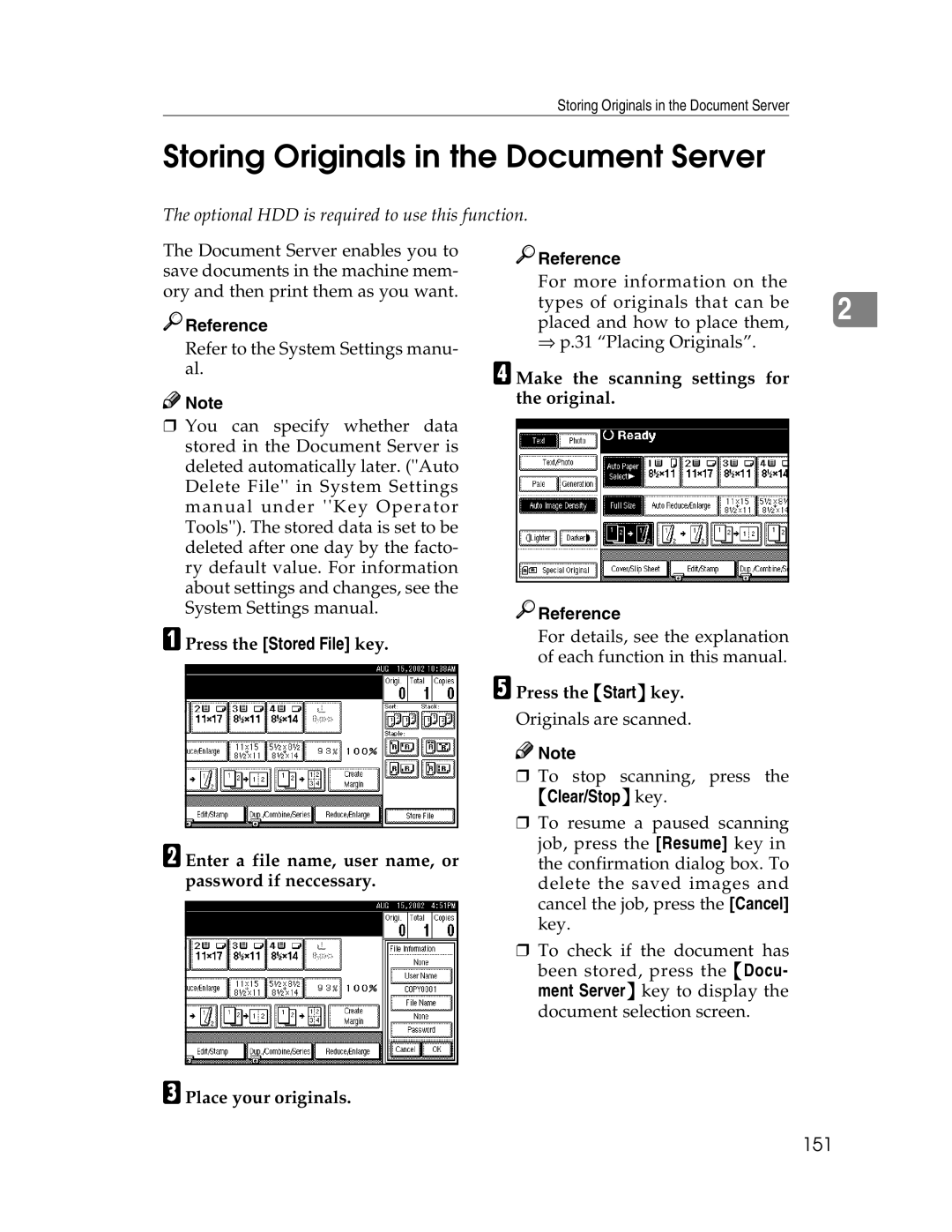 Savin 2212, 2712 manual Storing Originals in the Document Server, 151, DMake the scanning settings for the original 