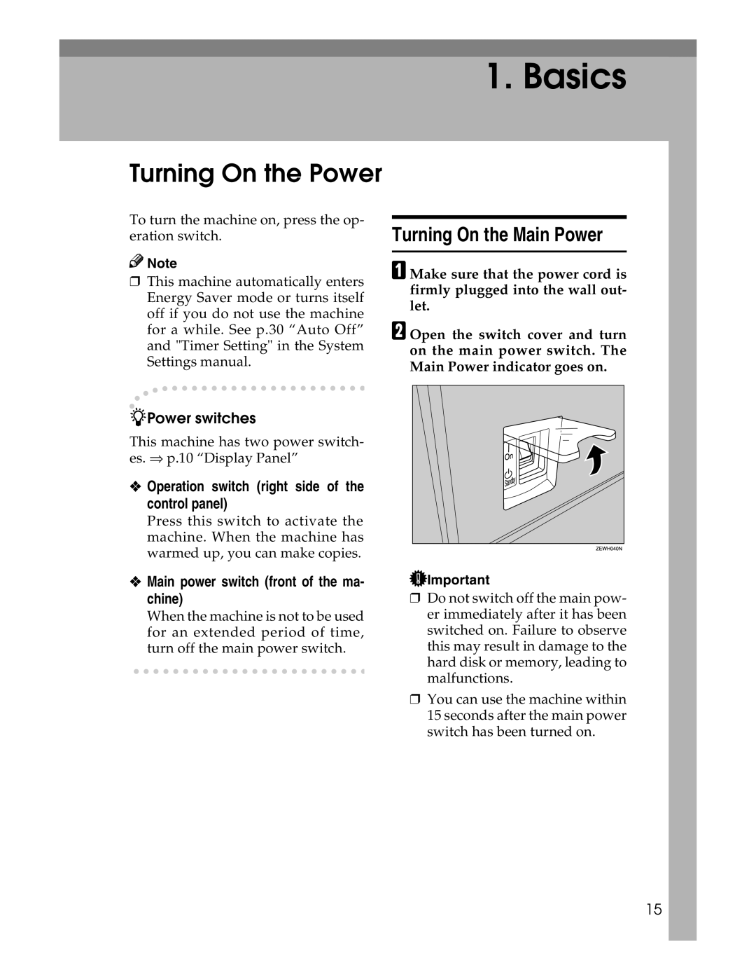 Savin 2212, 2712 Turning On the Power, Turning On the Main Power, Power switches, Main power switch front of the ma- chine 