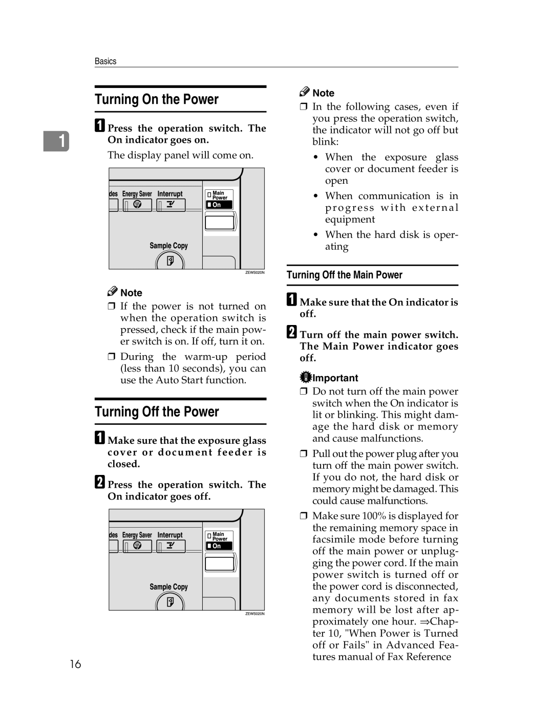 Savin 2712, 2212 manual Turning On the Power, Turning Off the Power, Turning Off the Main Power, APress the operation switch 