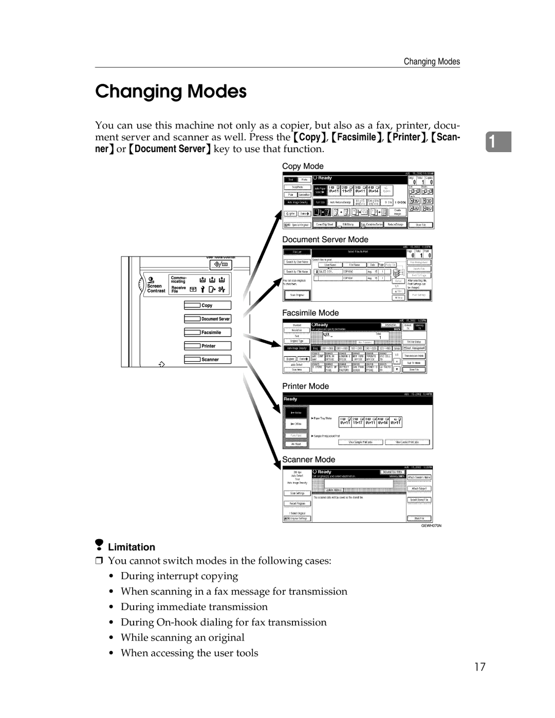 Savin 2212, 2712 manual Changing Modes, Limitation 