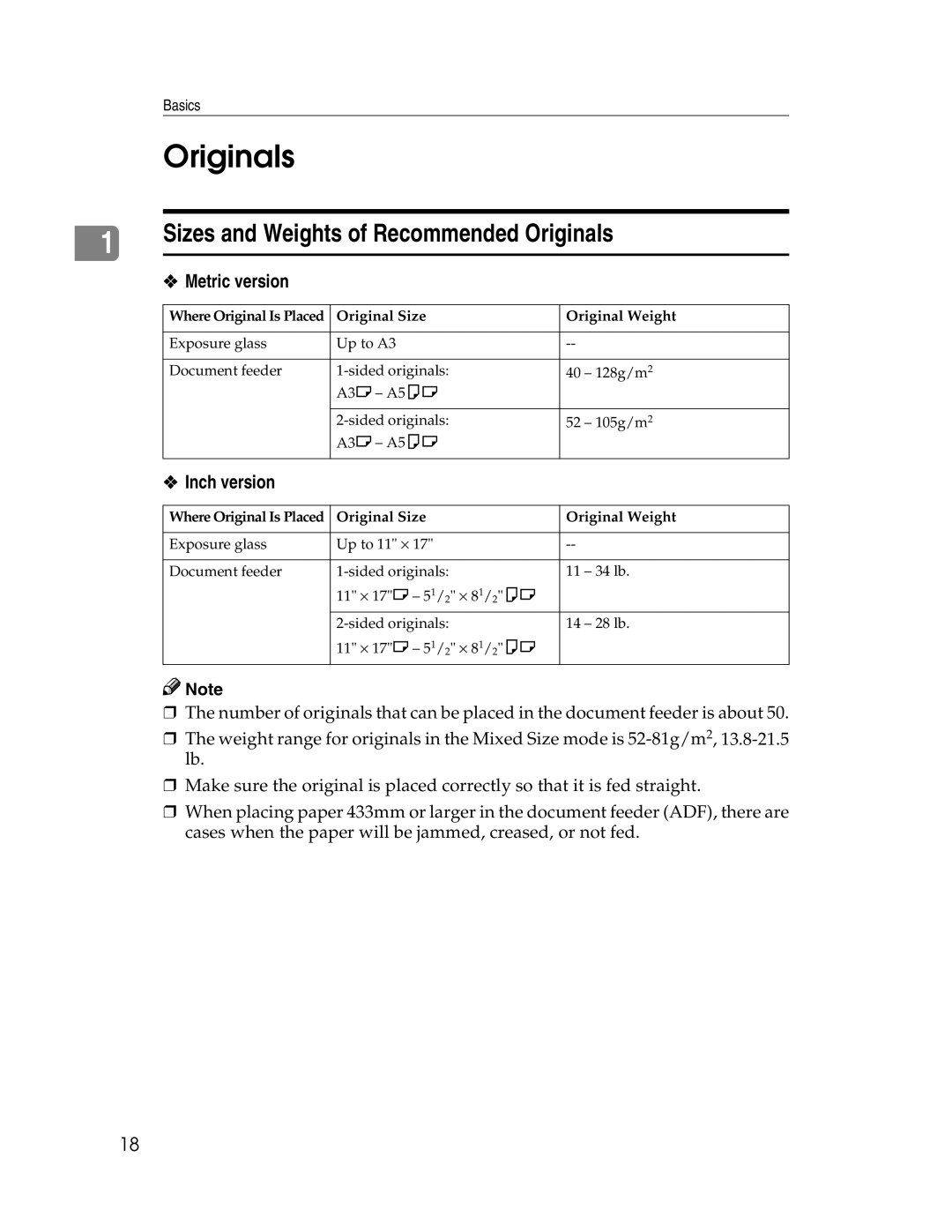 Savin 2712, 2212 manual Sizes and Weights of Recommended Originals, Metric version, Inch version 