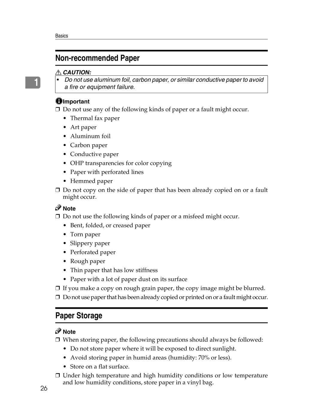 Savin 2712, 2212 manual Non-recommended Paper, Paper Storage 