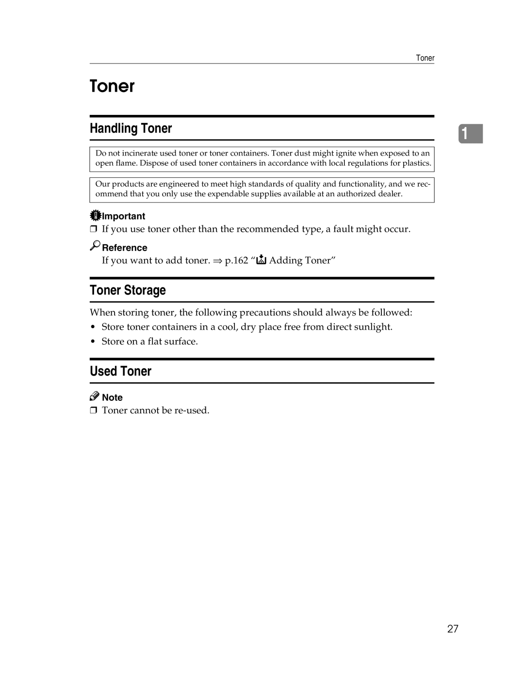 Savin 2212, 2712 manual Toner Storage, Used Toner 