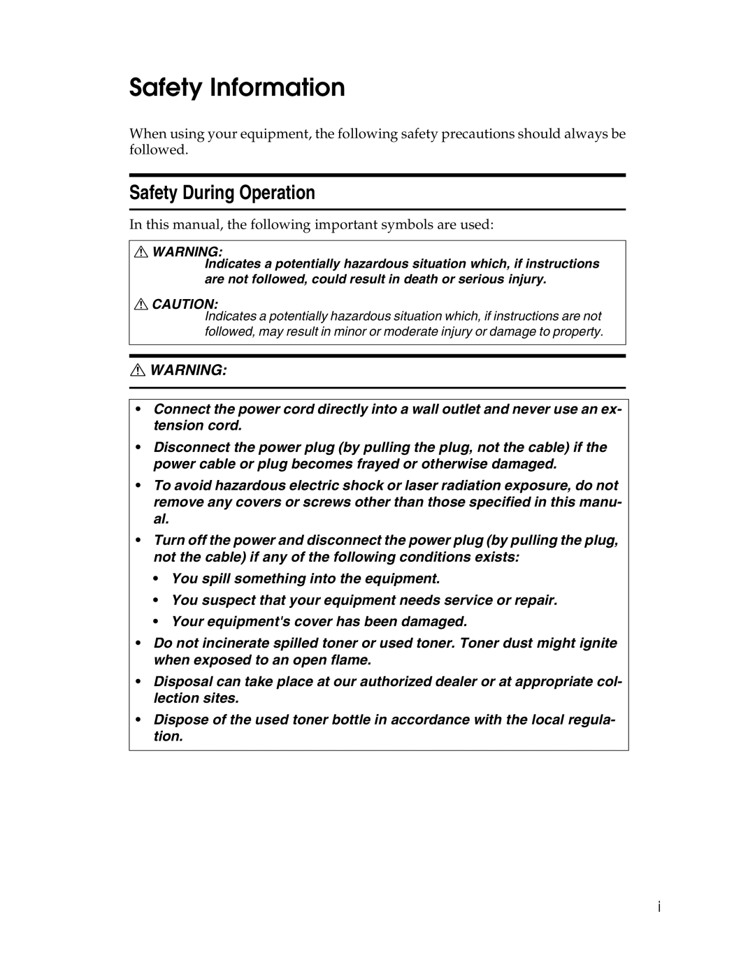 Savin 2212, 2712 manual Safety Information, Safety During Operation 