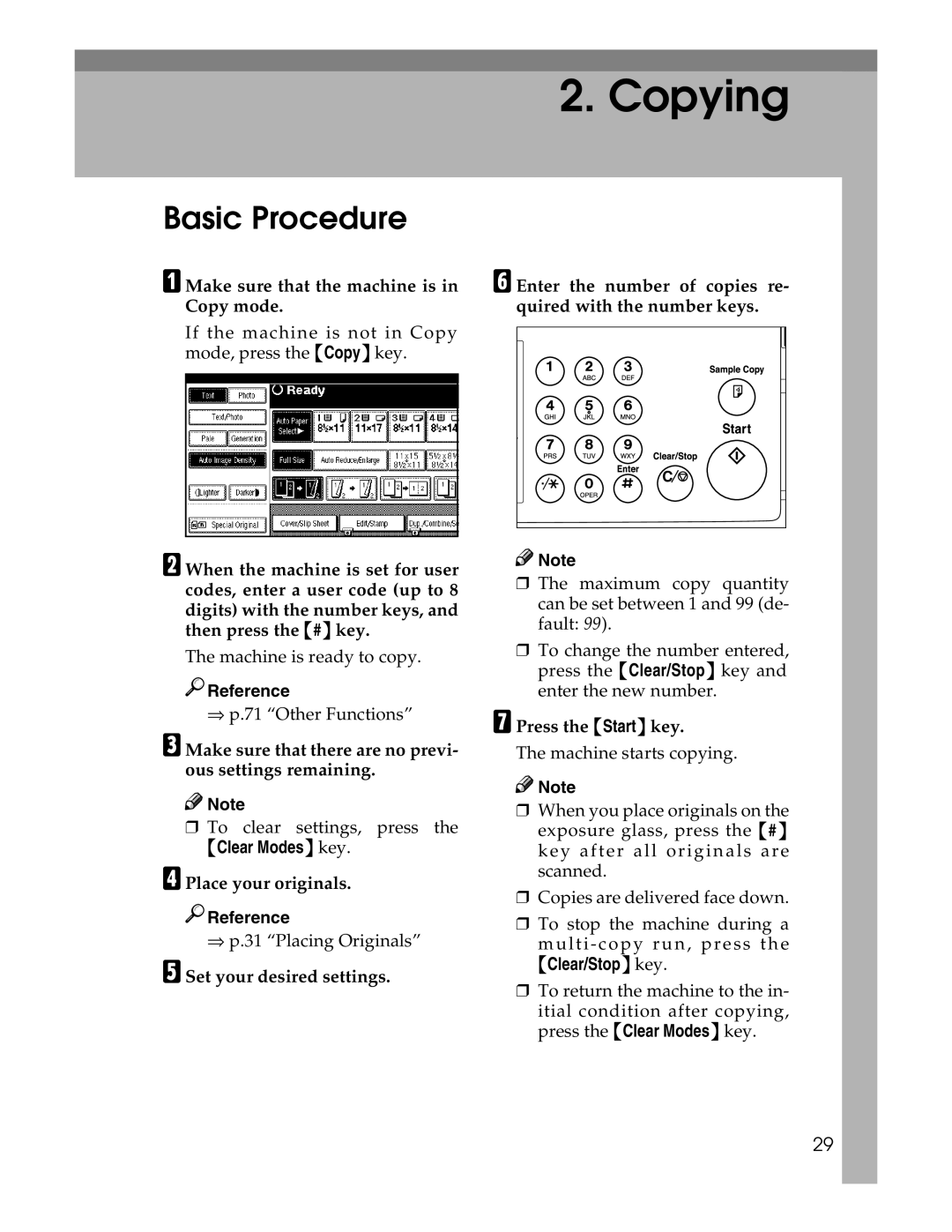 Savin 2212, 2712 Basic Procedure, AMake sure that the machine is in Copy mode, DPlace your originals, GPress the Startkey 