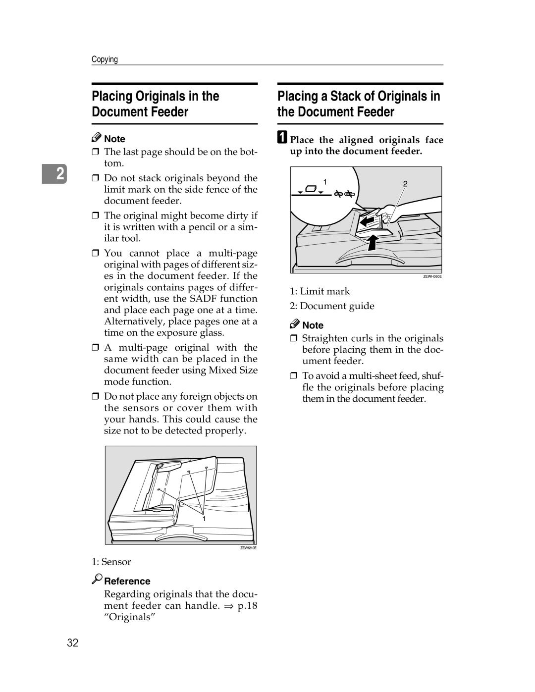 Savin 2712, 2212 manual Placing Originals Document Feeder, Placing a Stack of Originals in the Document Feeder 