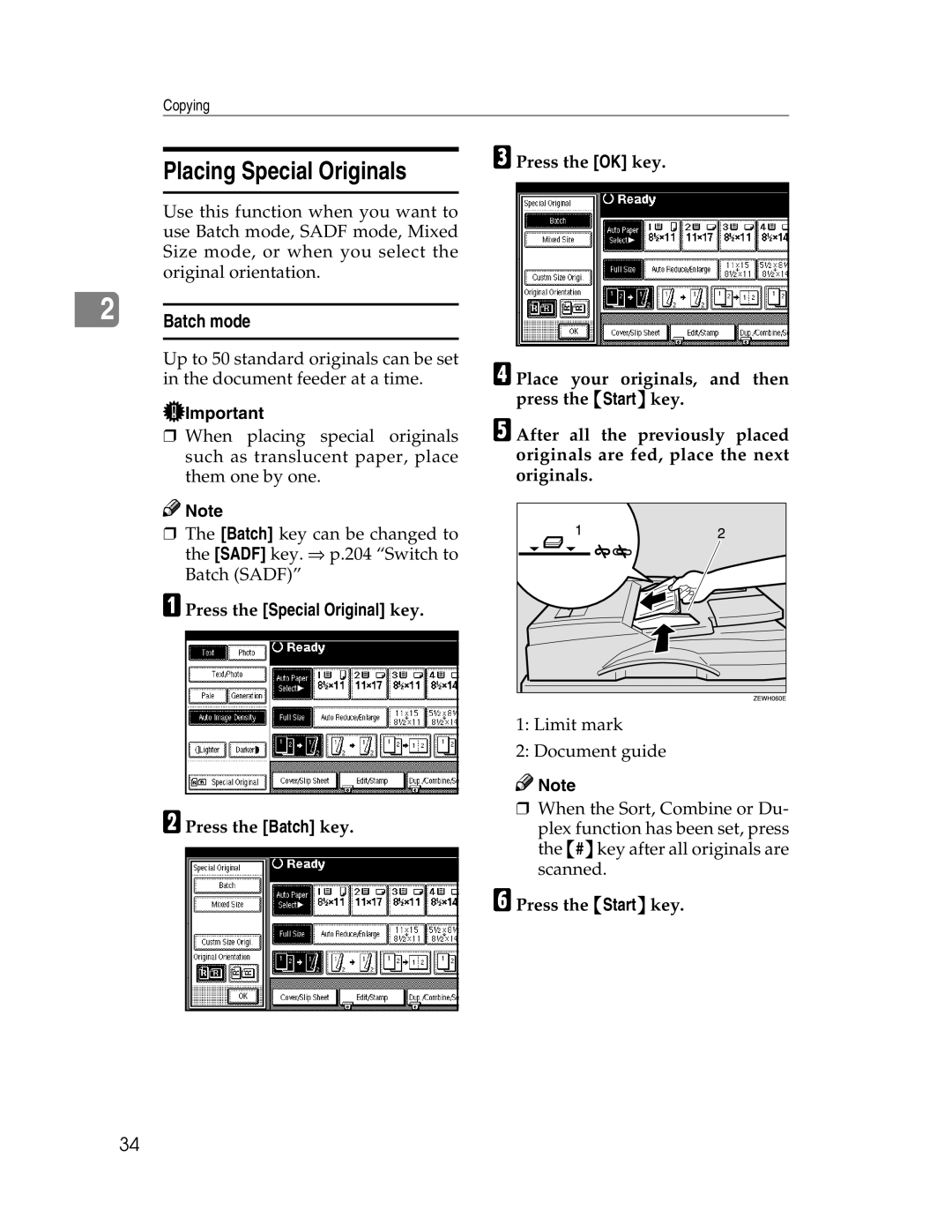 Savin 2712, 2212 manual Placing Special Originals, Batch mode, FPress the Startkey 