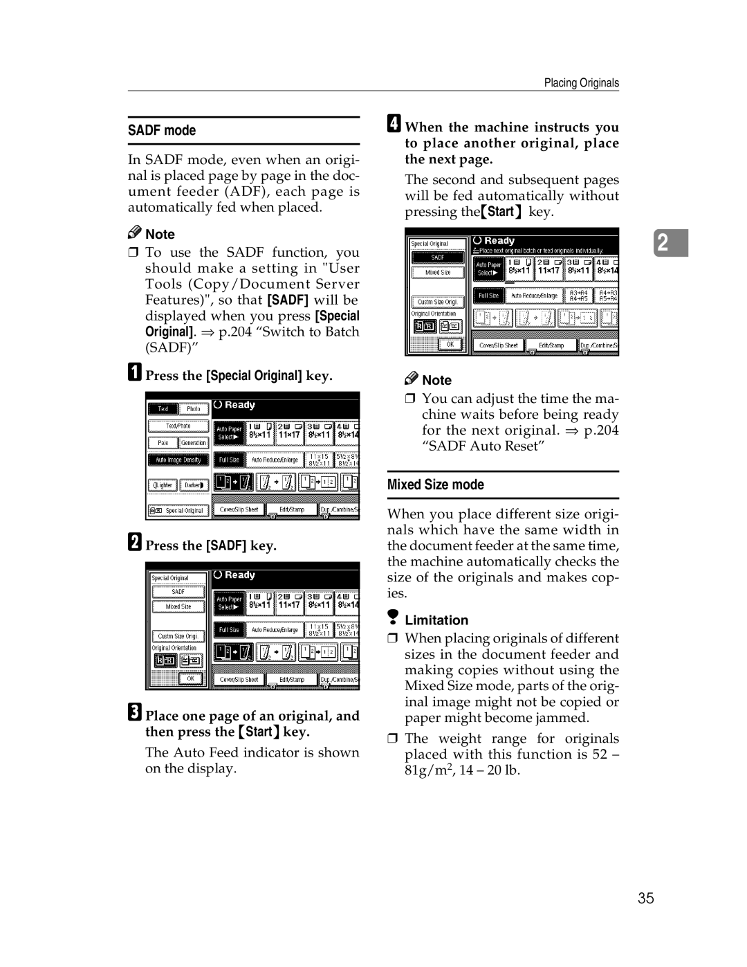 Savin 2212, 2712 manual Sadf mode, Mixed Size mode 