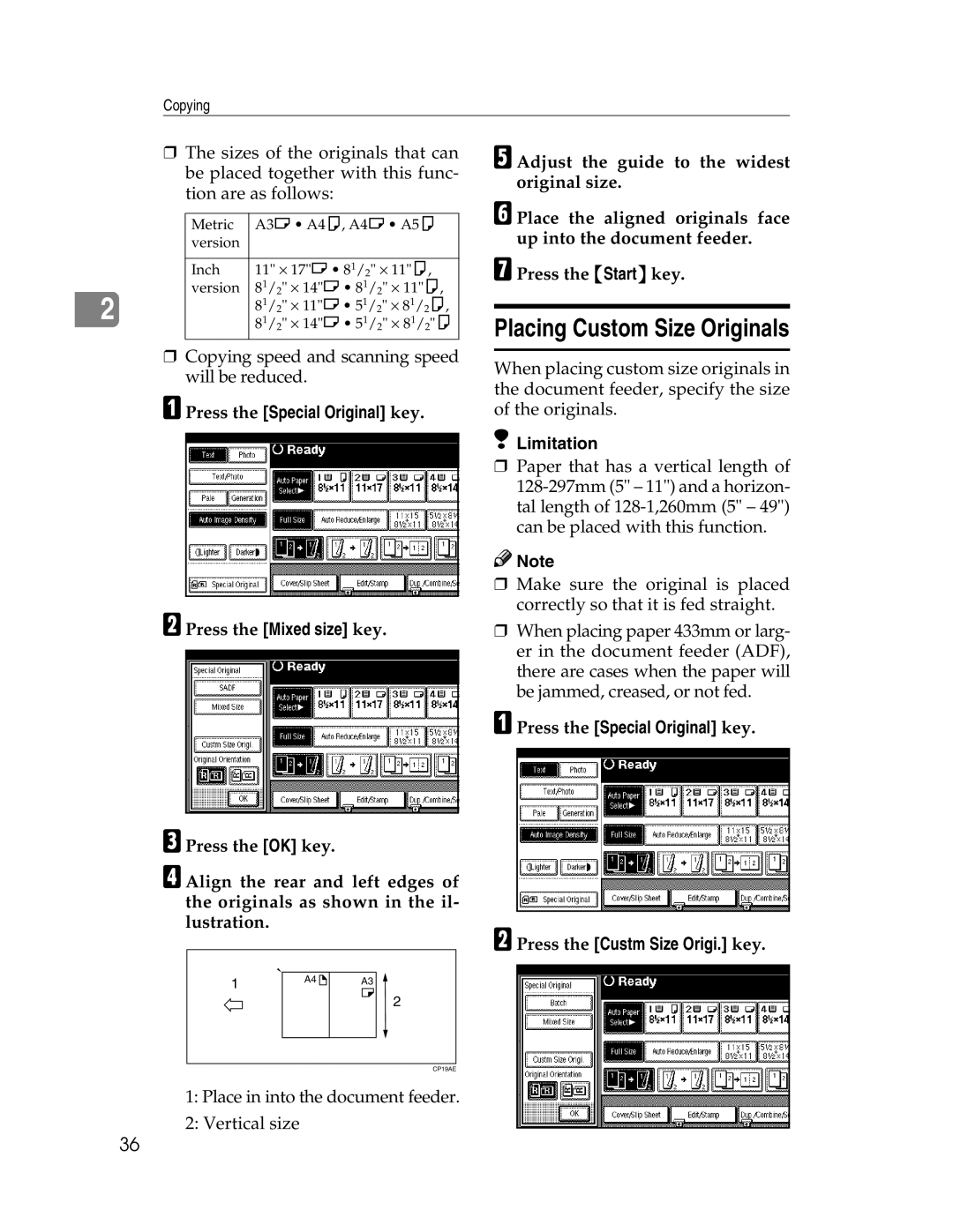 Savin 2712, 2212 manual Placing Custom Size Originals 