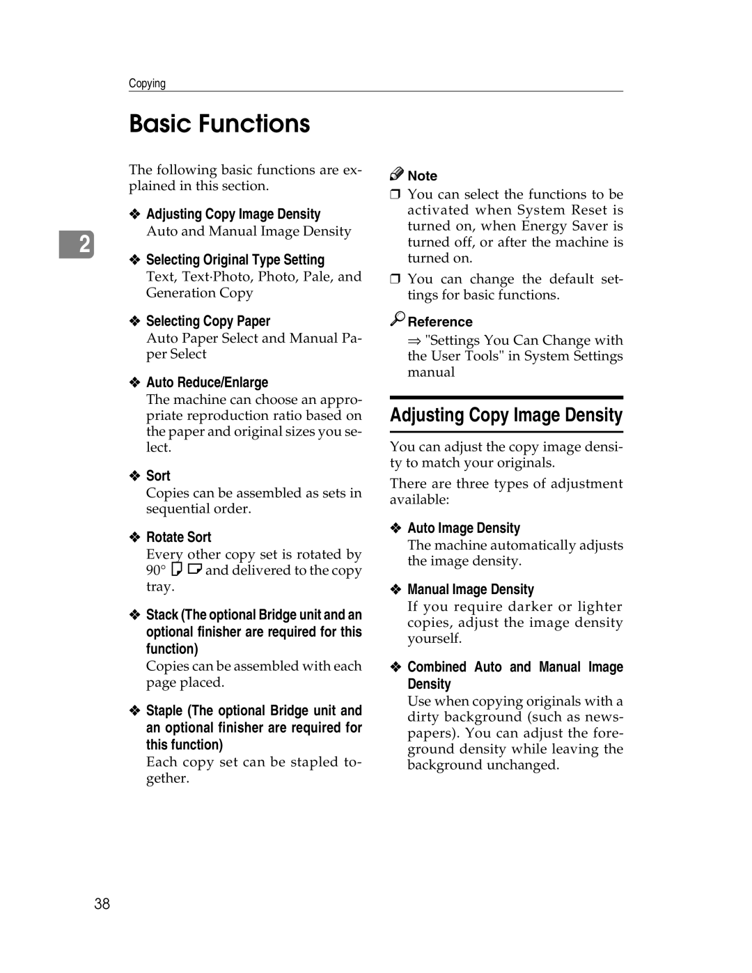 Savin 2712, 2212 manual Basic Functions, Adjusting Copy Image Density 