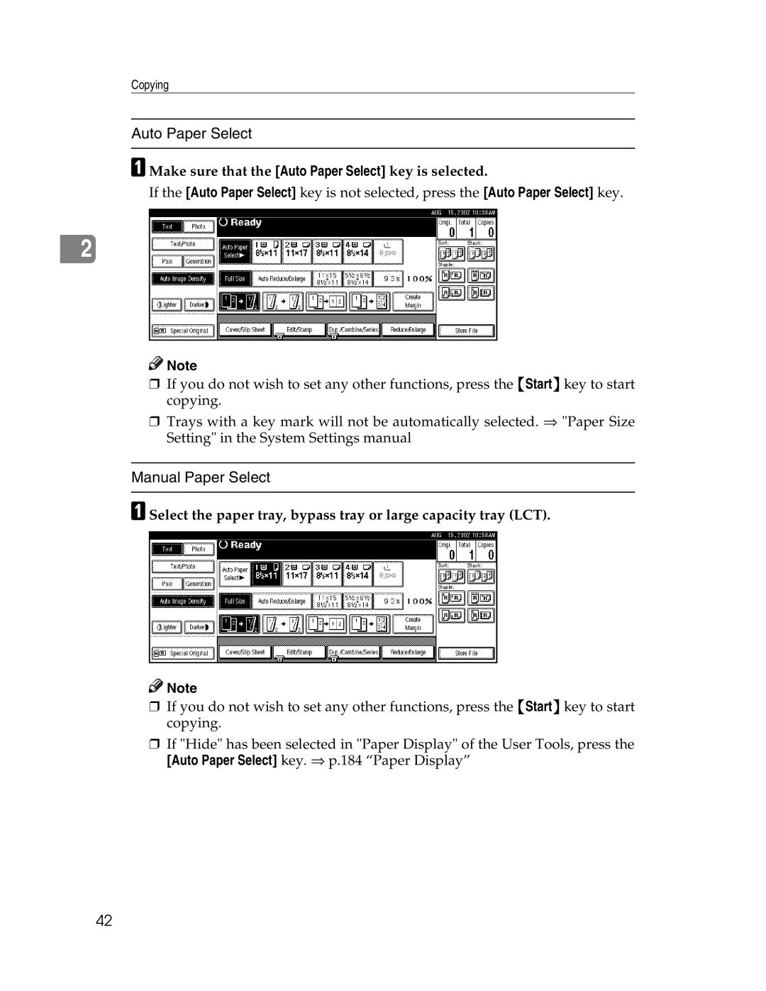 Savin 2712, 2212 manual Manual Paper Select, AMake sure that the Auto Paper Select key is selected 