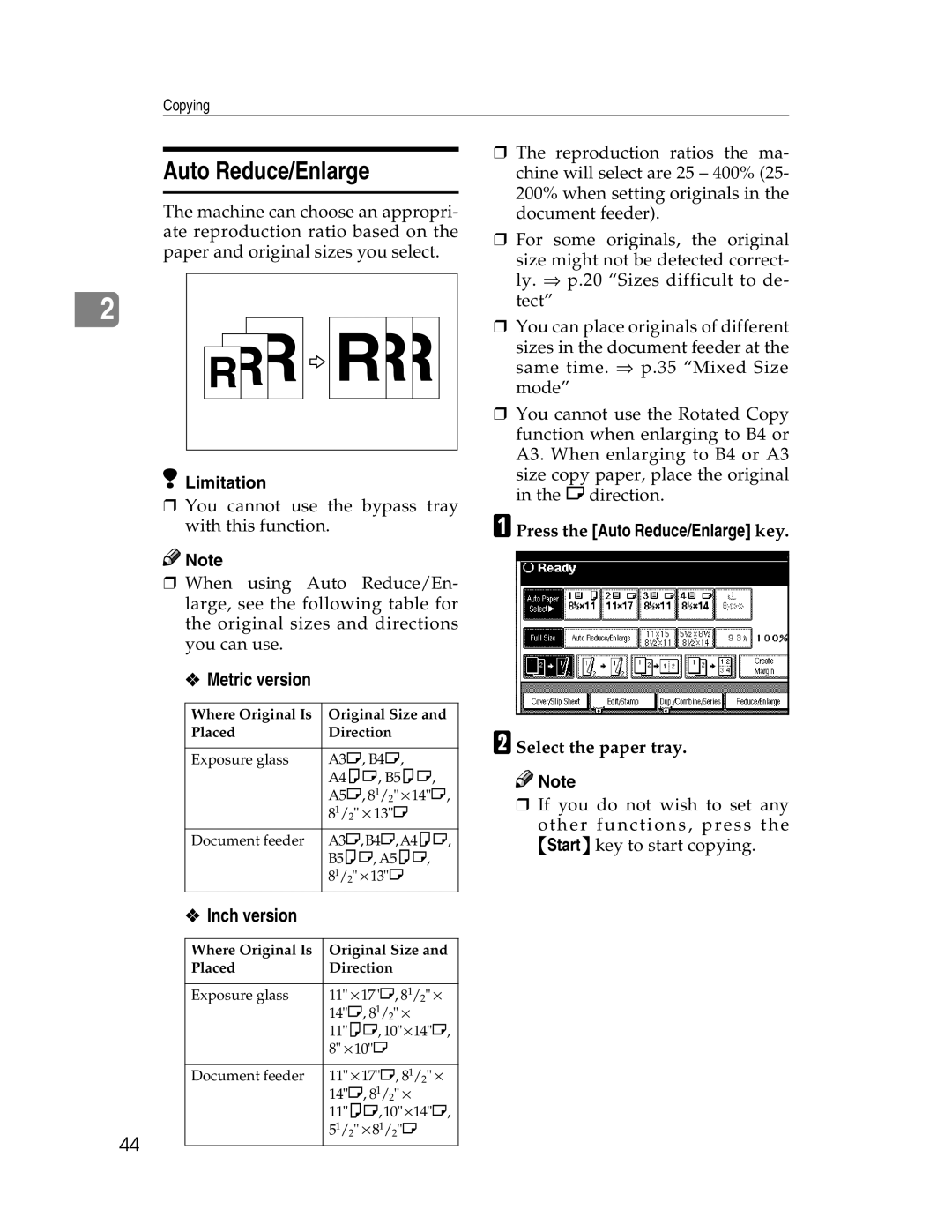 Savin 2712, 2212 manual APress the Auto Reduce/Enlarge key, BSelect the paper tray 