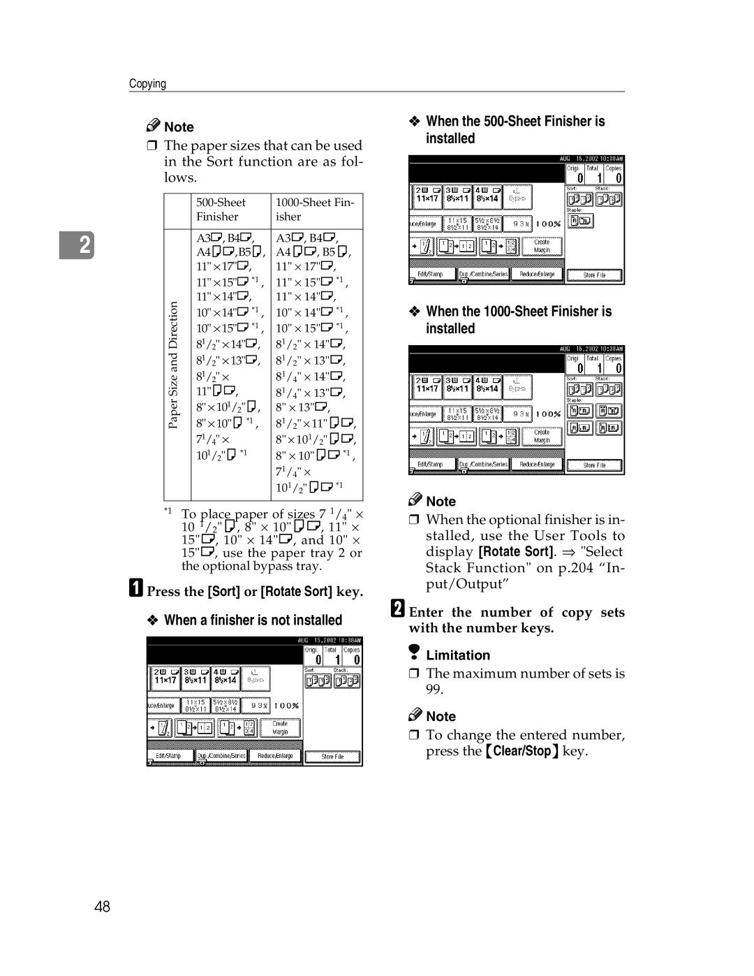 Savin 2712, 2212 manual When a finisher is not installed, APress the Sort or Rotate Sort key 