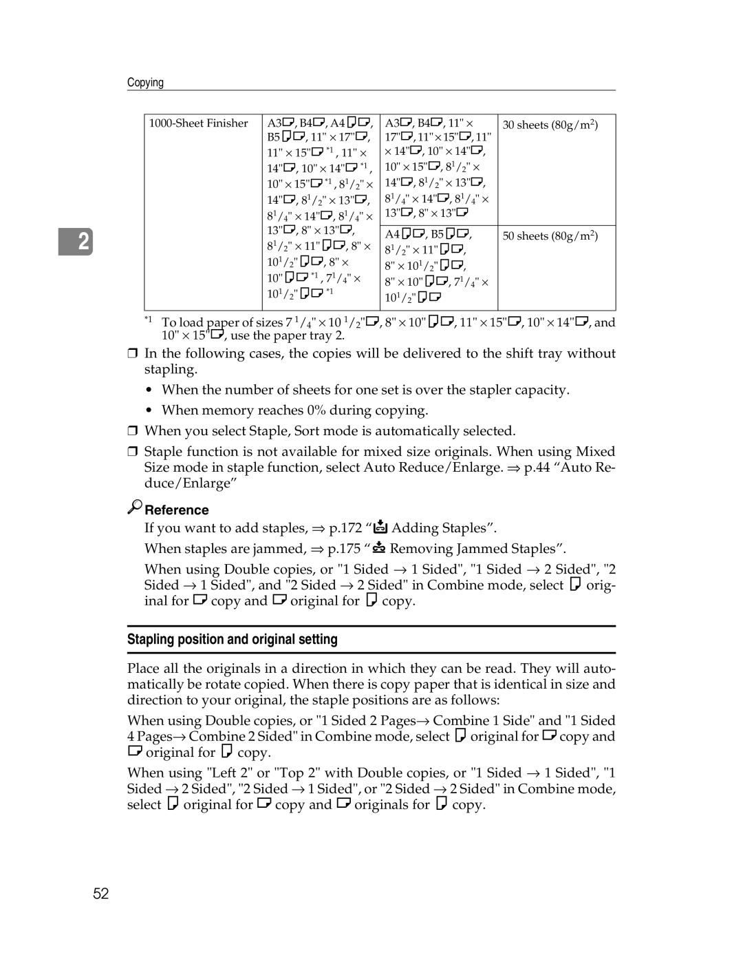 Savin 2712, 2212 manual Stapling position and original setting 