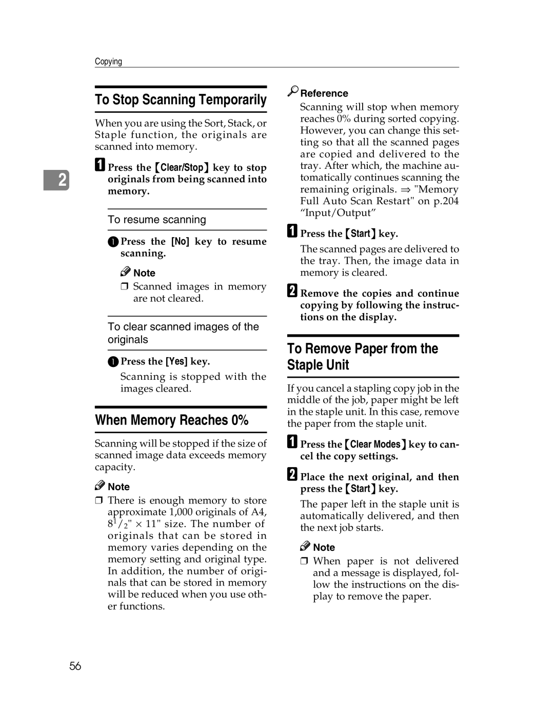 Savin 2712, 2212 manual When Memory Reaches 0%, To Remove Paper from the Staple Unit, To resume scanning 