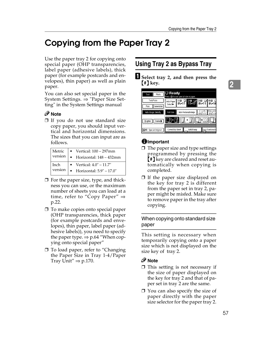 Savin 2212, 2712 manual Copying from the Paper Tray, Using Tray 2 as Bypass Tray, When copying onto standard size paper 