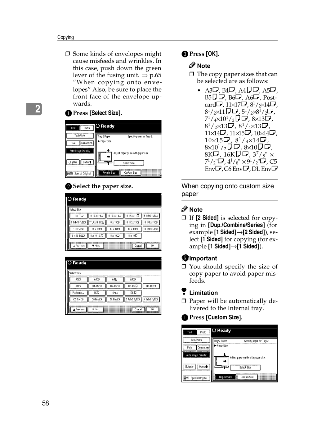 Savin 2712 When copying onto custom size paper, APress Select Size, Press OK, BSelect the paper size, APress Custom Size 