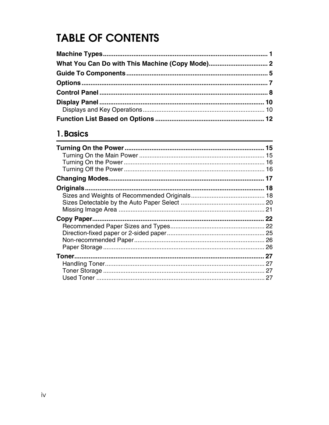 Savin 2712, 2212 manual Table of Contents 