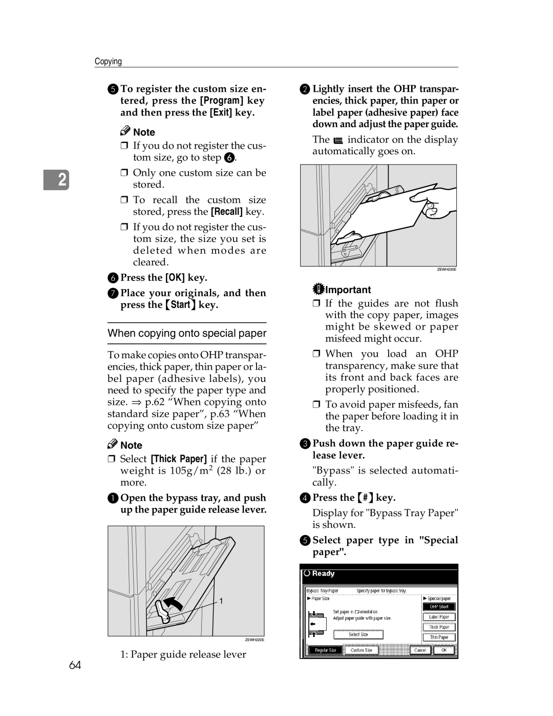 Savin 2712, 2212 manual CPush down the paper guide re- lease lever, DPress the #key, ESelect paper type in Special paper 