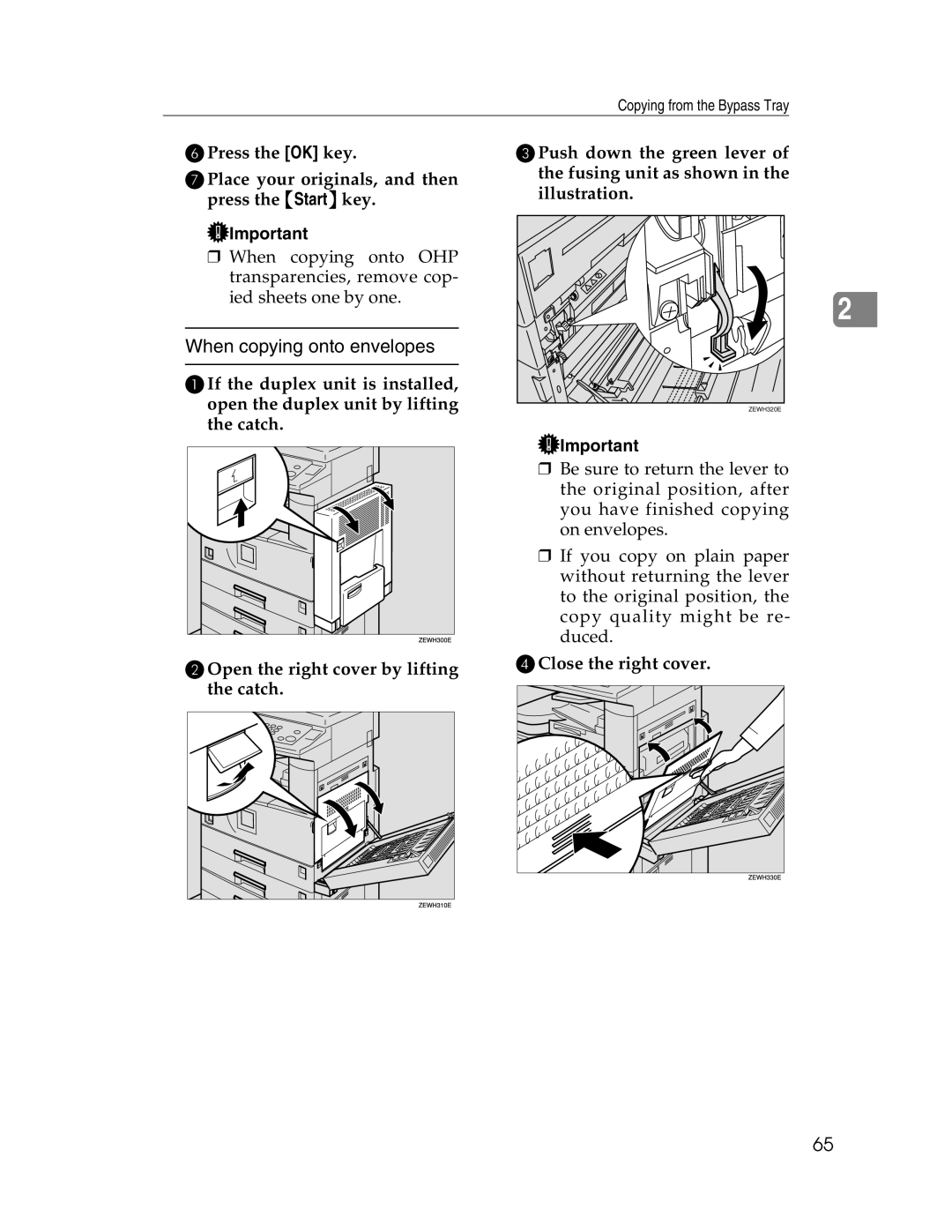 Savin 2212, 2712 manual When copying onto envelopes, DClose the right cover 