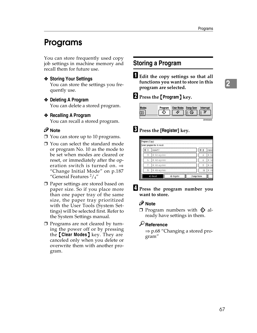 Savin 2212, 2712 manual Programs, Storing a Program, Storing Your Settings, Deleting a Program, Recalling a Program 