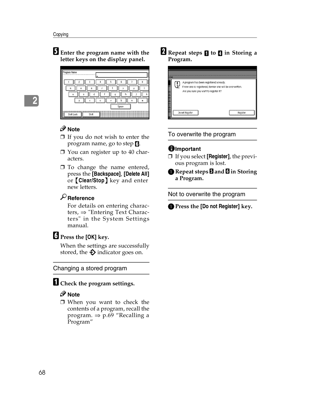 Savin 2712, 2212 manual Changing a stored program, To overwrite the program, Not to overwrite the program 