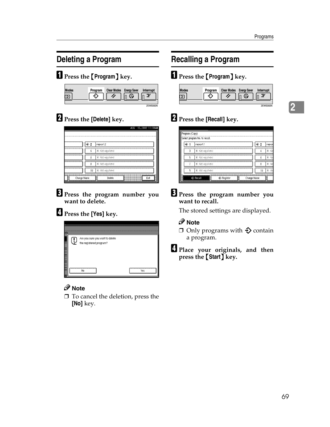 Savin 2212, 2712 manual Deleting a Program, Recalling a Program, APress the Programkey, No key 