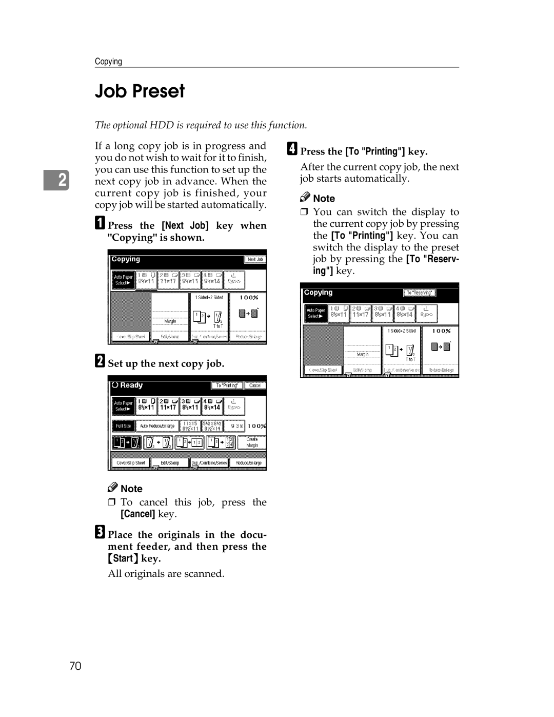 Savin 2712, 2212 manual Job Preset, Cancel key, DPress the To Printing key 