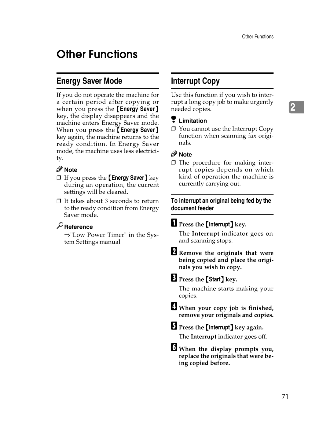 Savin 2212 Other Functions, Energy Saver Mode, Interrupt Copy, To interrupt an original being fed by the document feeder 