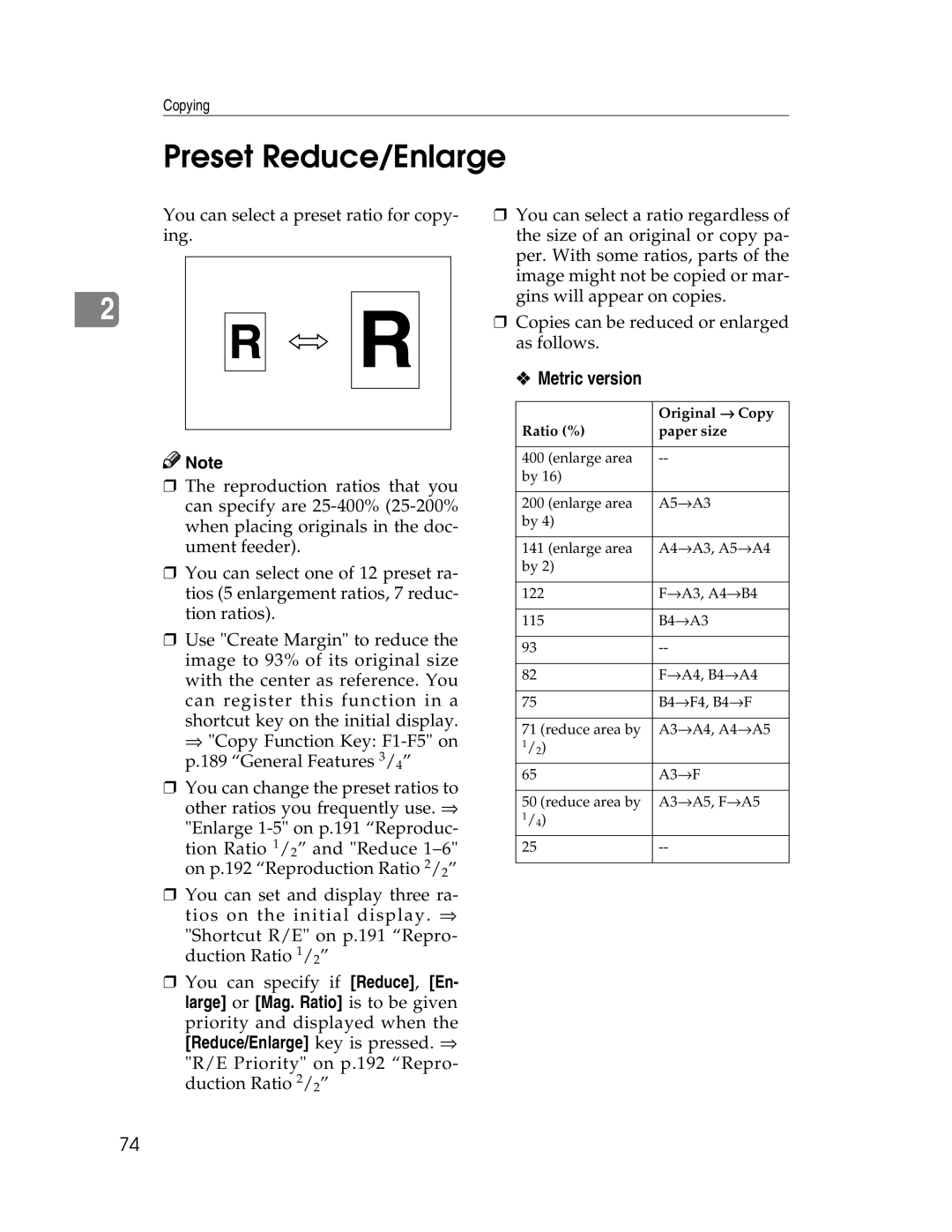 Savin 2712, 2212 manual Preset Reduce/Enlarge, Reduce/Enlarge key is pressed. ⇒ 