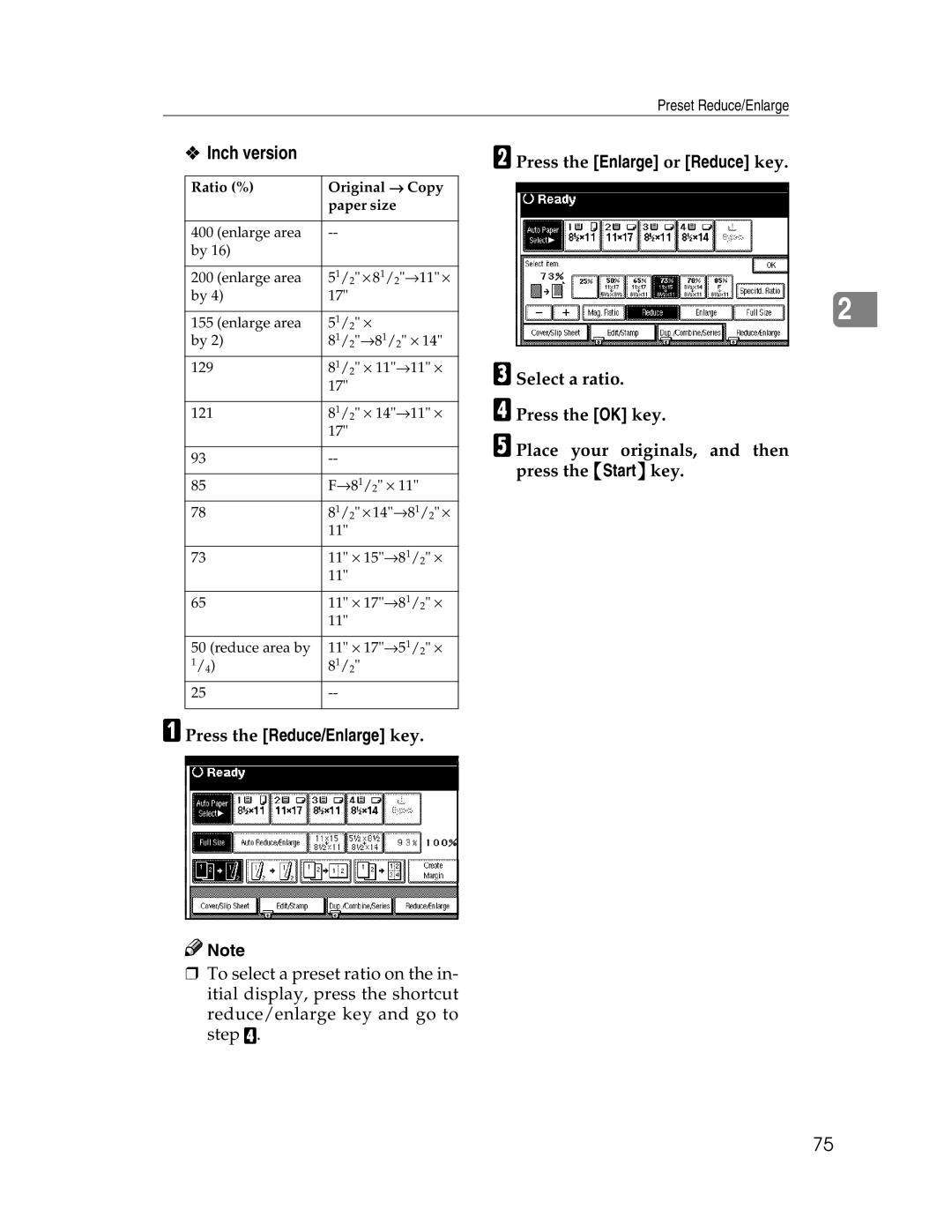 Savin 2212, 2712 manual BPress the Enlarge or Reduce key, APress the Reduce/Enlarge key 